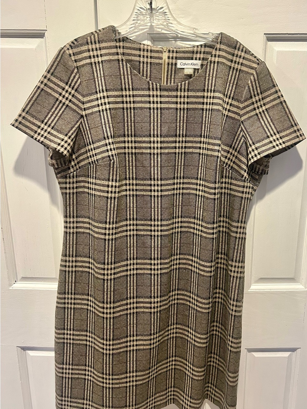 Calvin Klein Taupe and Cream Plaid Shift Dress